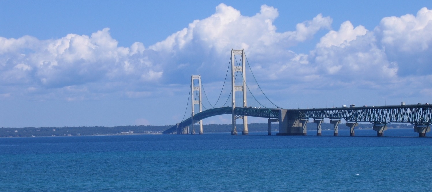 A picture of the Mackinac Bridge, the Mackinac Straits, and Michigan's Upper Peninsula.