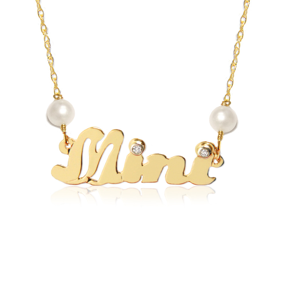 Gold necklace store with name plate