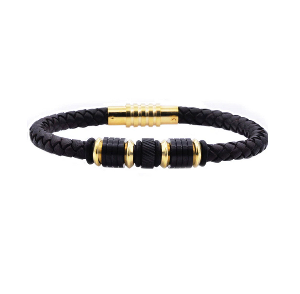 Leather Bracelet Steel - Gold / Black