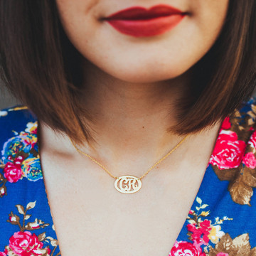 Gold Delicate 2 Initial Oval Script Monogram