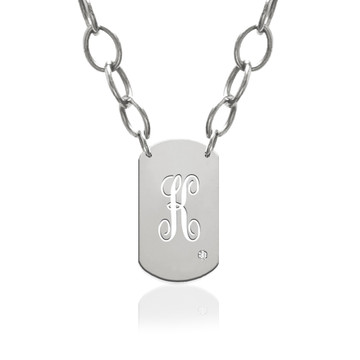 Script Initial Dog Tag Charm with Diamond Accent