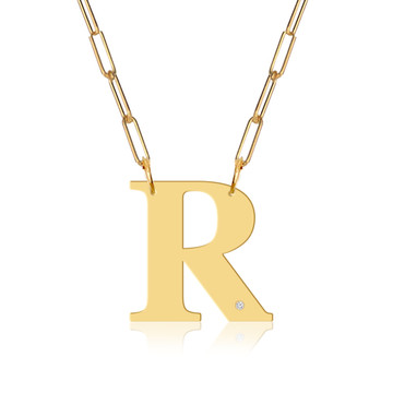 Block Initial & Diamond Accent On Paper Clip Necklace