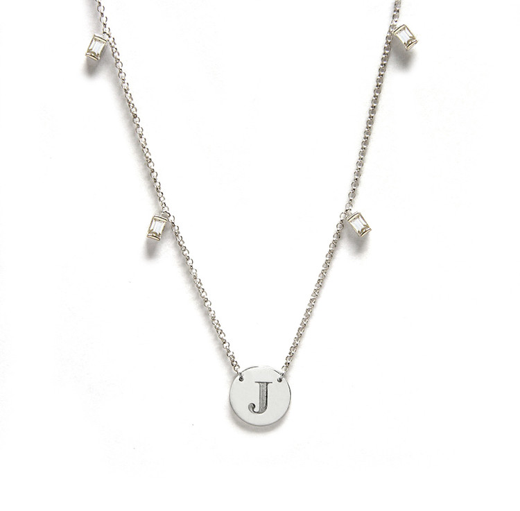 Single Initial Engraved Disc With White Sapphire Baguettes