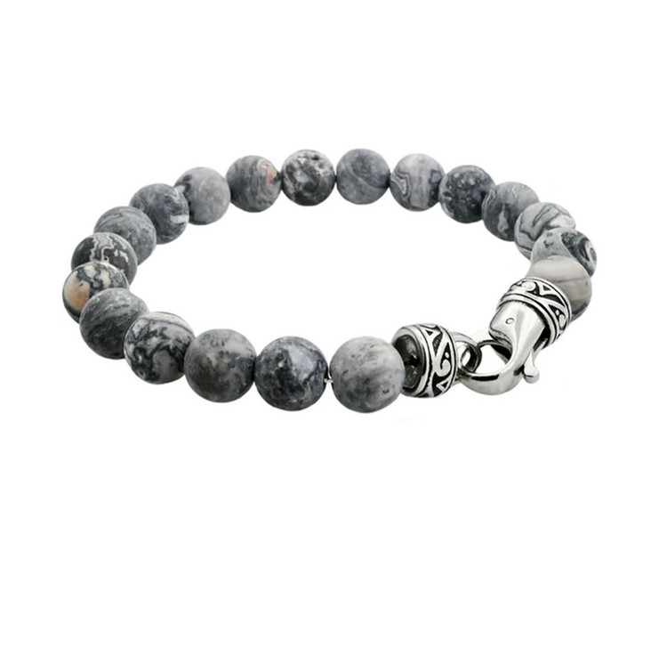 Genuine Gray Jasper Stainless Steel Beaded Bracelet