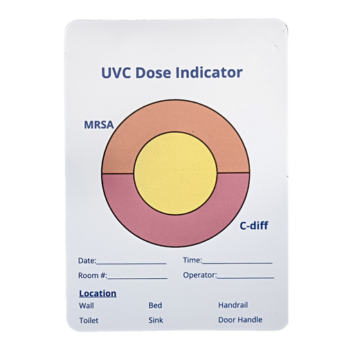 Photochromic UVC measurment card, color change from yellow to orange and pink, for mrsa and C.diff doses respectively.