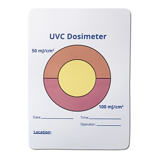 Photochromic UVC measurment card, color change from yellow to orange and pink, general purpose, indicates at 50 and 100 millijoules. Unbranded.