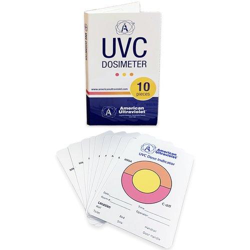 10-Pack of Photochromic UVC measurment cards, color change from yellow to orange and pink, for MRSA and C.diff doses respectively.