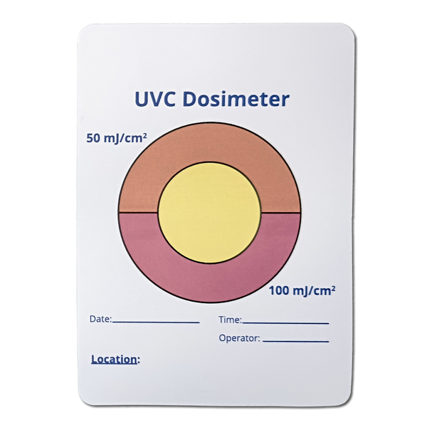 Photochromic UVC measurment card, color change from yellow to orange and pink, general purpose, indicates at 50 and 100 millijoules. Unbranded.