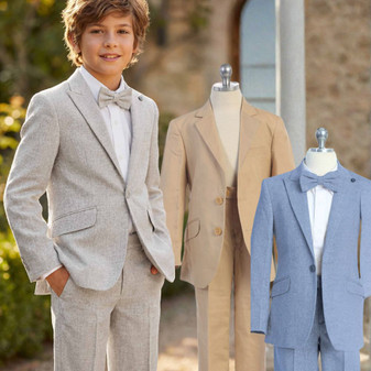 Boy Slim-Fit Cotton Linen Suit, Blue Gray Khaki