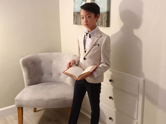 Boy Slim-Fit 5-Piece Tweed Suit, Beige