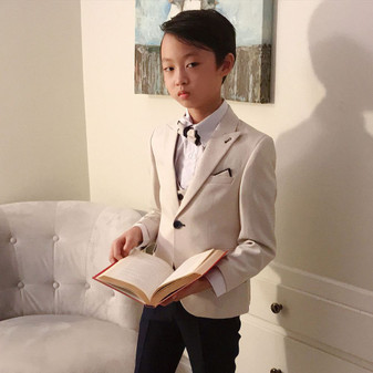 Boy Slim-Fit 5-Piece Tweed Suit, Beige