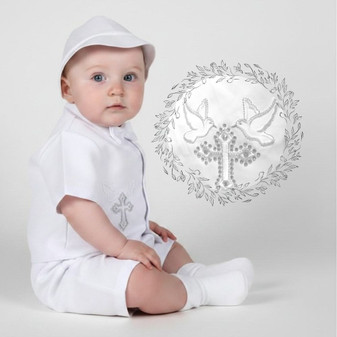 Baptism Rhinestones Cross Dove Vest Set with Hat