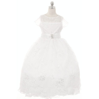 White Organza Tulle Sequins Floral Gown Size 6