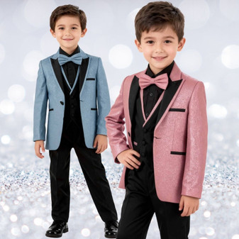 Boy Slim-Fit 5-Piece Sparkling Suit, Dusty Blue & Rose