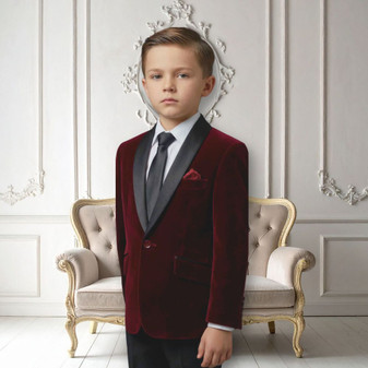 Boy Slim Fit Velvet Blazer, Burgundy