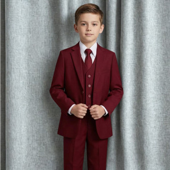 Boy Slim-Fit 5-piece Suit, Burgundy Wine
