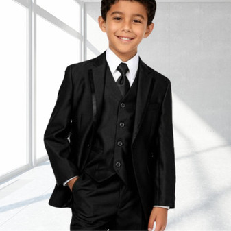 Boy Slim-Fit 5-piece Trim Lapel Suit, Black