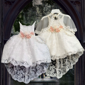 3-piece Floral Lace Dress Gown with Train, White Ivory