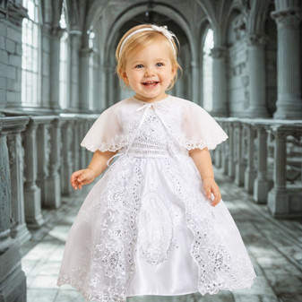 3-piece White Puff Sleeves Virgin Mary Dress Gown with Train