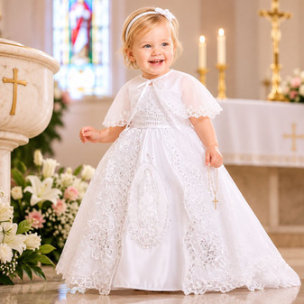 3-piece White Puff Sleeves Virgin Mary Dress Gown with Train