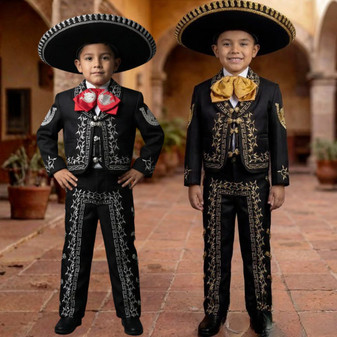6-piece Black Charro Mariachi Suit with Sombrero Hat