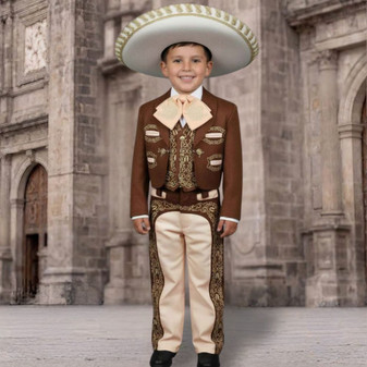6-piece Brown Charro Mariachi Suit with Sombrero Hat