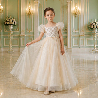 Champagne Sparkle Tulle Ballgown Puff Sleeves & Pearl