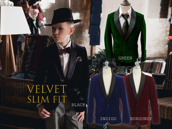 Slim Fit Velvet Blazer, Black Burgundy Green Indigo