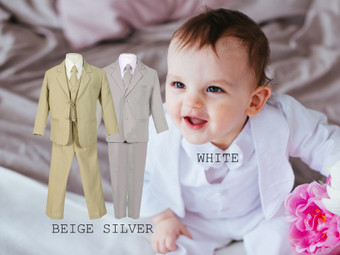 Christening Baptism Baby to Boy 5-Piece Regular Fit Suit, Beige Silver White