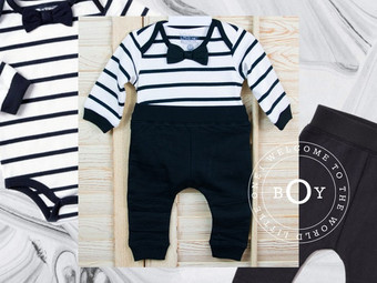 2 piece Black White Set, Bow Onesie, Biker Jogger