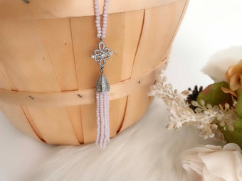 Pink Beads Tassel Charm Opera Necklace