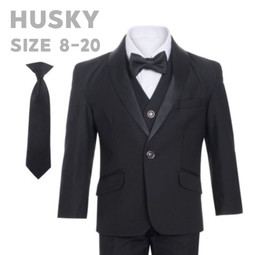 Boy Husky Plus Size 7-Piece Suit Satin Shawl Lapel, Black