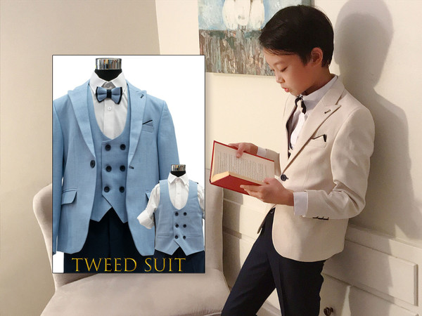 Slim-Fit 5-Piece Tweed Suit, Blue Beige