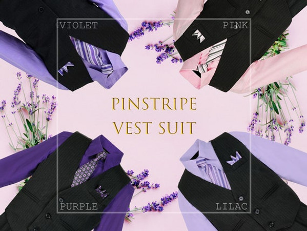 5-piece Pinstripe Vest Set, Regular Fit, Pink Lilac Violet Purple