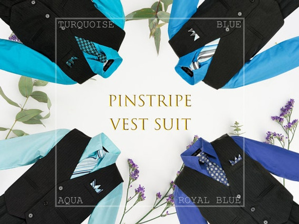 5-piece Pinstripe Vest Set, Regular Fit, Aqua Blue Royal-Blue Turquoise