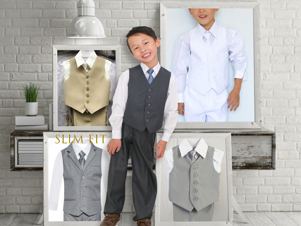 Vest Set with Pants Shirt Tie, Gray Khaki White