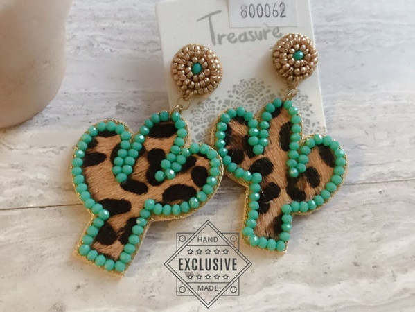 Beaded Cactus Leopard Earrings