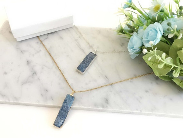Healing Azurite Blue Druzy Bar Pendant Necklace