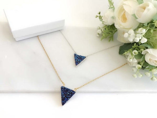 Titanium Blue Druzy Triangle Pendant Necklace