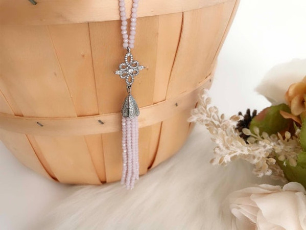 Pink Beads Tassel Charm Opera Necklace