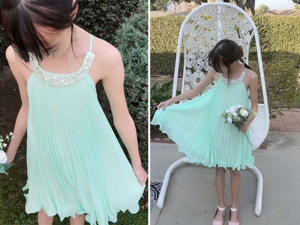 Mint Pleated Chiffon Rhinestones Dress