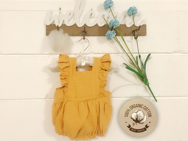 Organic Muslin Cotton Mustard Flutter Sleeve Romper