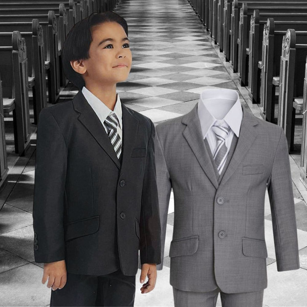 Boy Slim Fit 5-piece Suit, Charcoal Gray