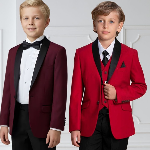 Boy Slim Fit 7-Piece Suit Satin Shawl Lapel, Red Burgundy