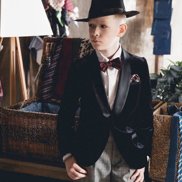 Boy Slim Fit Velvet Blazer, Black