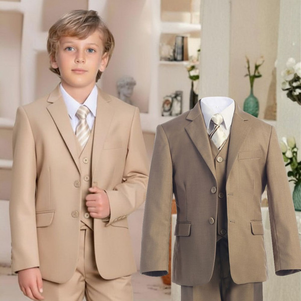 Boy Slim Fit 5-piece Suit, Khaki Beige