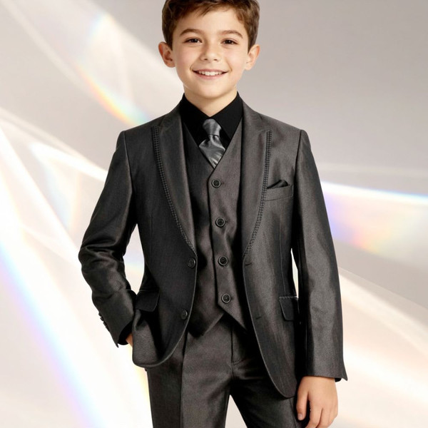Boy Slim-Fit 3-piece Shine Suit, Charcoal