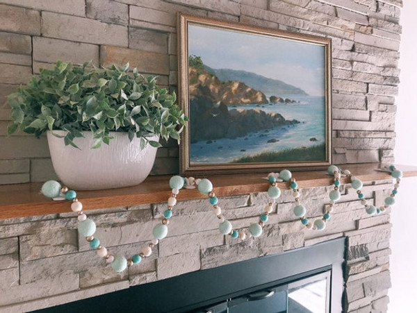 6ft Aqua Felt Pom Pom Wood Beads Garland