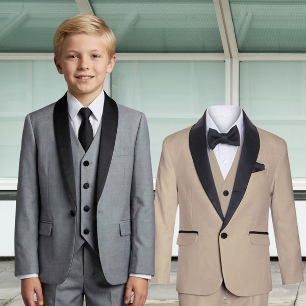 Boy Slim Fit 7-Piece Suit Satin Shawl Lapel, Beige Gray