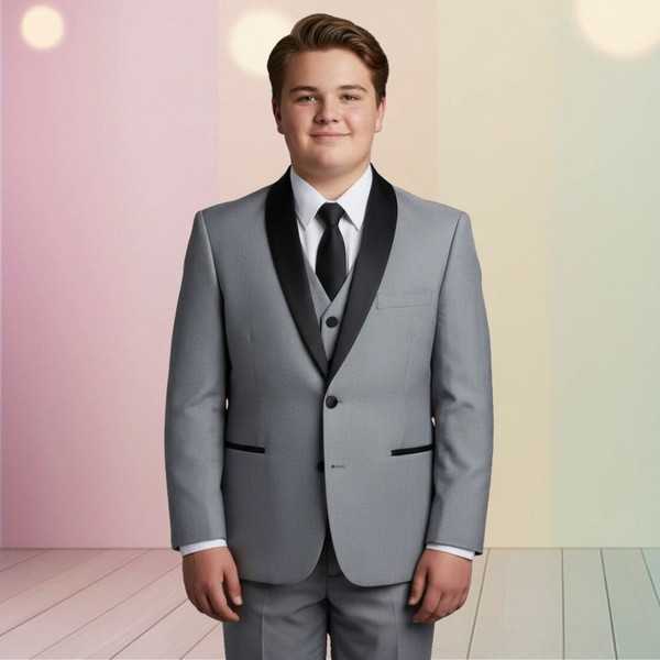 Boy Husky Plus Size 7-Piece Suit Satin Shawl Lapel, Silver
